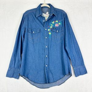 Wrangler VTG Embroidered Denim Pearl Snap Western Button Up Top Medium Upcycled